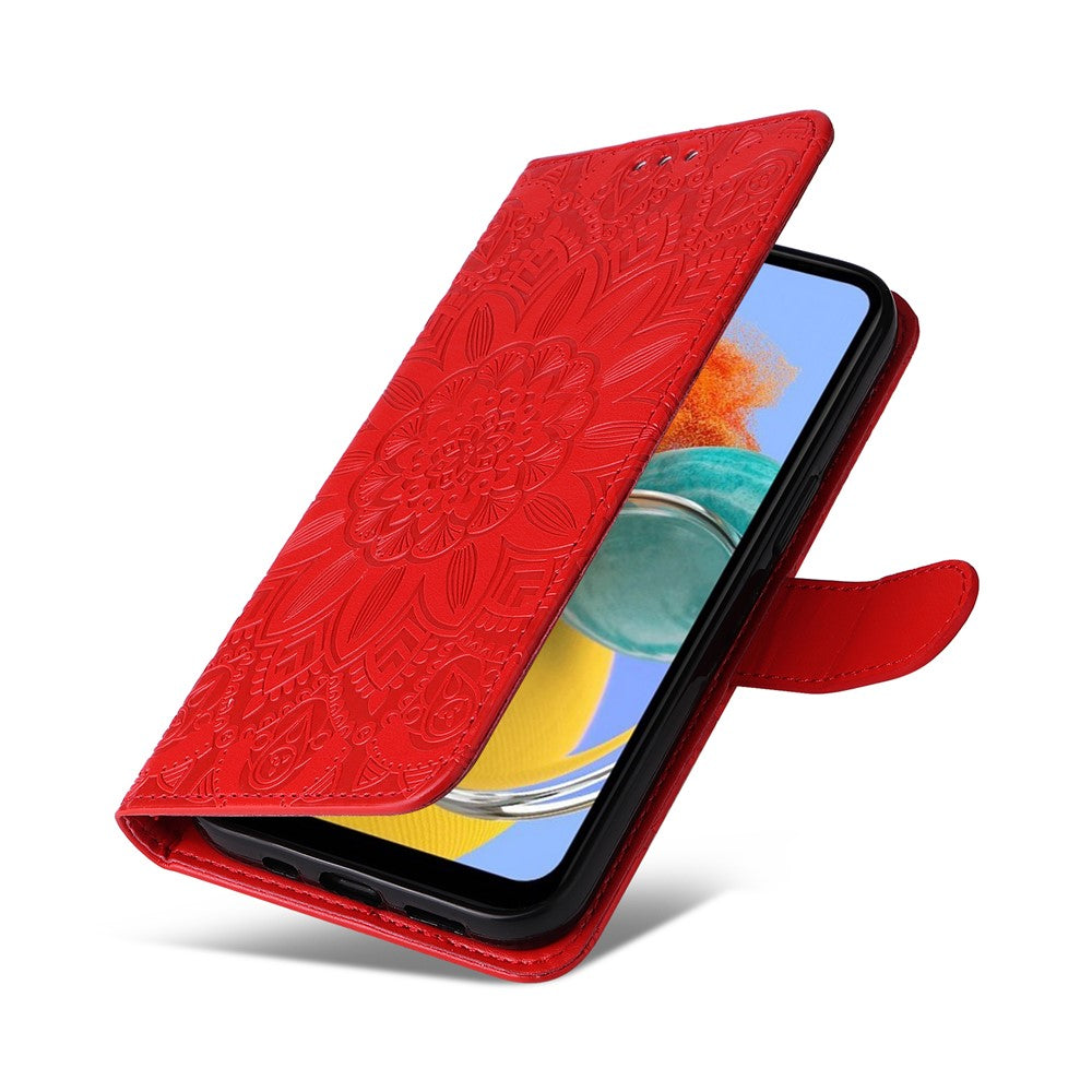 For Samsung Galaxy M14 5G Sunflower Imprinted Phone Wallet Case PU Leather Stand Cover with Strap - Red