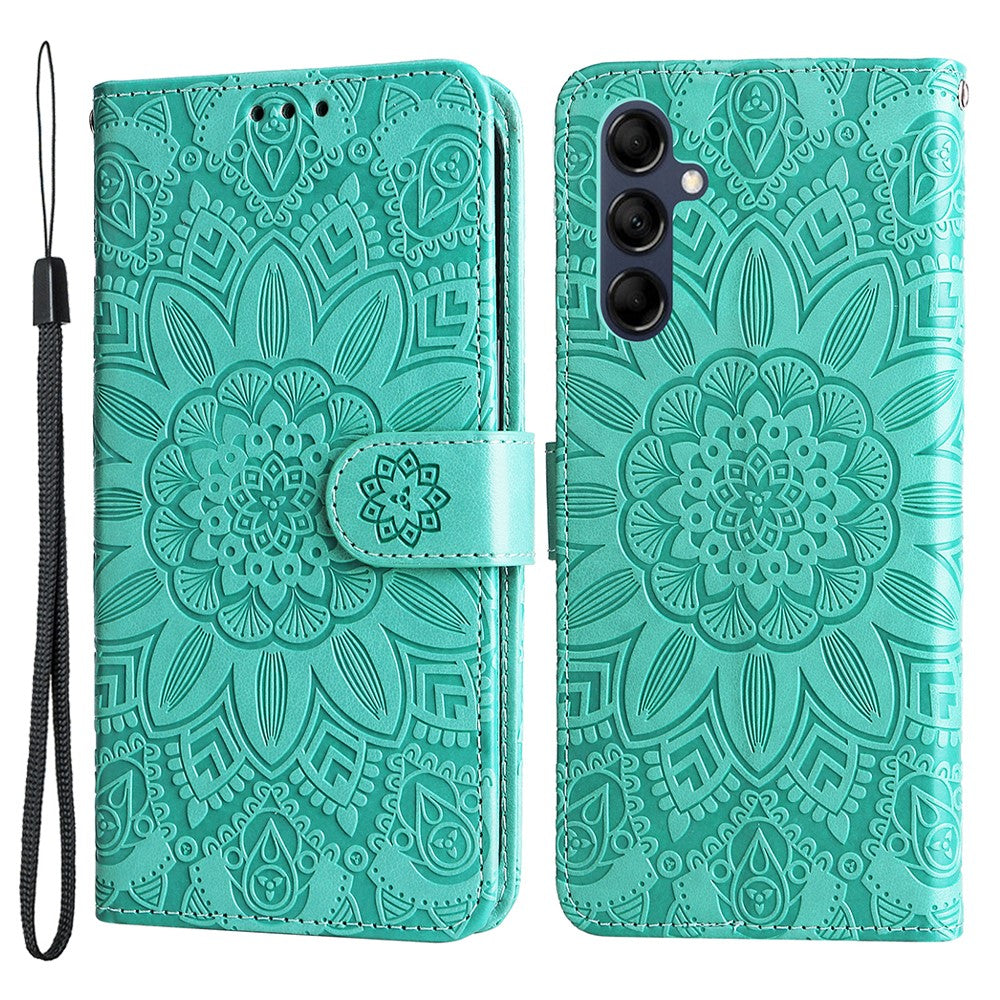 For Samsung Galaxy M14 5G Sunflower Imprinted Phone Wallet Case PU Leather Stand Cover with Strap - Green