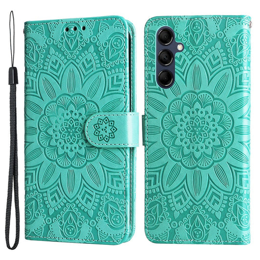 For Samsung Galaxy M14 5G Sunflower Imprinted Phone Wallet Case PU Leather Stand Cover with Strap - Green