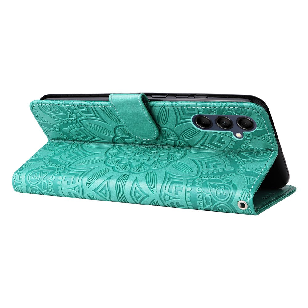 For Samsung Galaxy M14 5G Sunflower Imprinted Phone Wallet Case PU Leather Stand Cover with Strap - Green