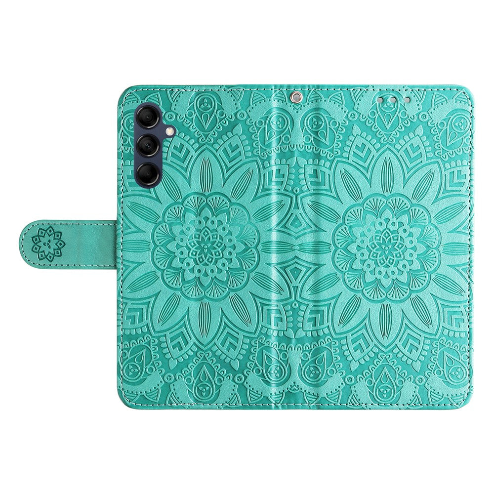 For Samsung Galaxy M14 5G Sunflower Imprinted Phone Wallet Case PU Leather Stand Cover with Strap - Green