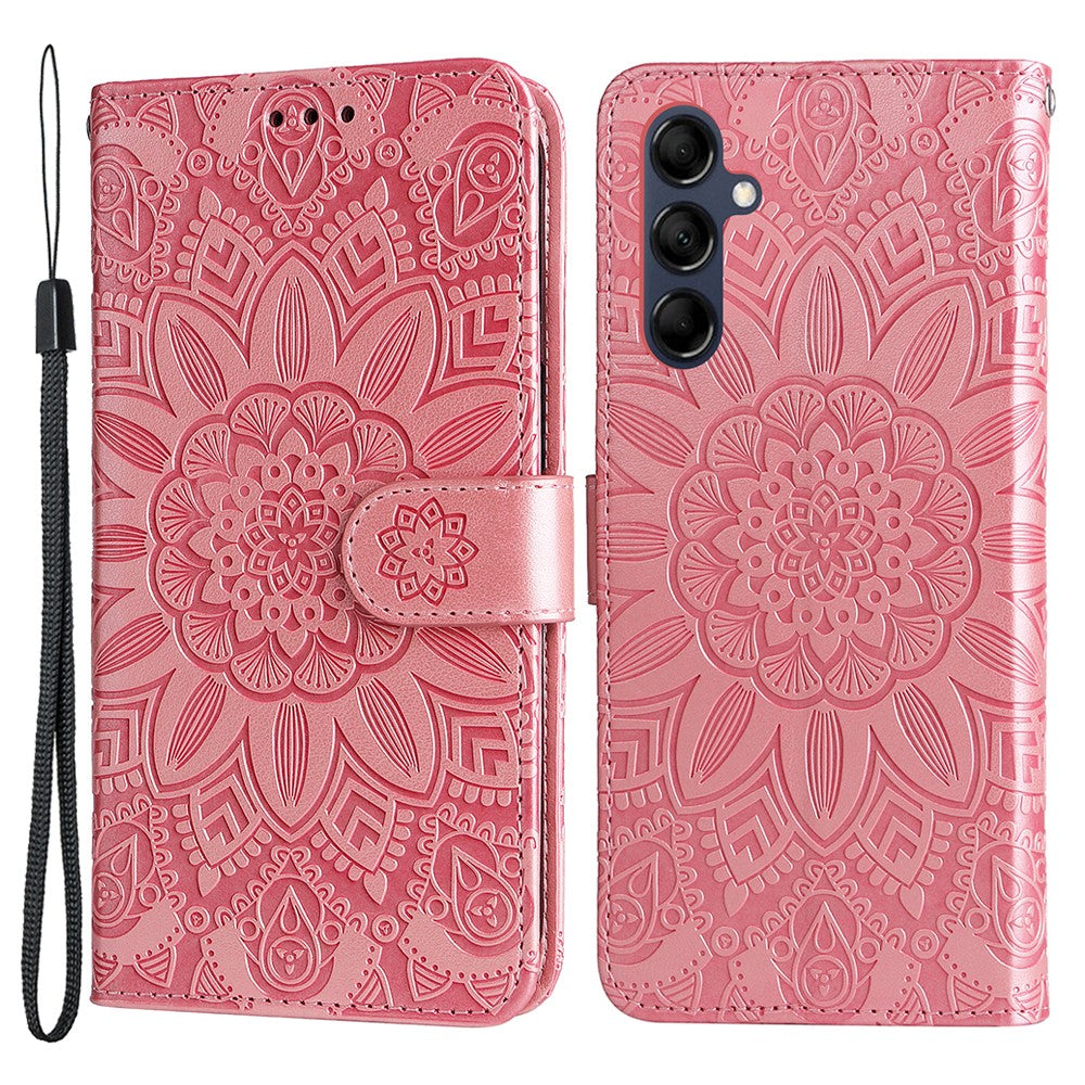 For Samsung Galaxy M14 5G Sunflower Imprinted Phone Wallet Case PU Leather Stand Cover with Strap - Pink