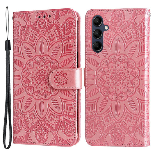For Samsung Galaxy M14 5G Sunflower Imprinted Phone Wallet Case PU Leather Stand Cover with Strap - Pink