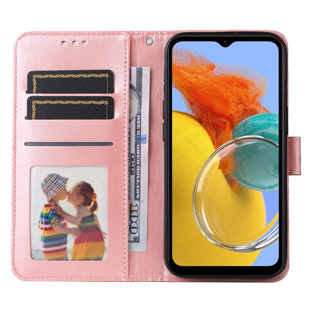 For Samsung Galaxy M14 5G Sunflower Imprinted Phone Wallet Case PU Leather Stand Cover with Strap - Pink