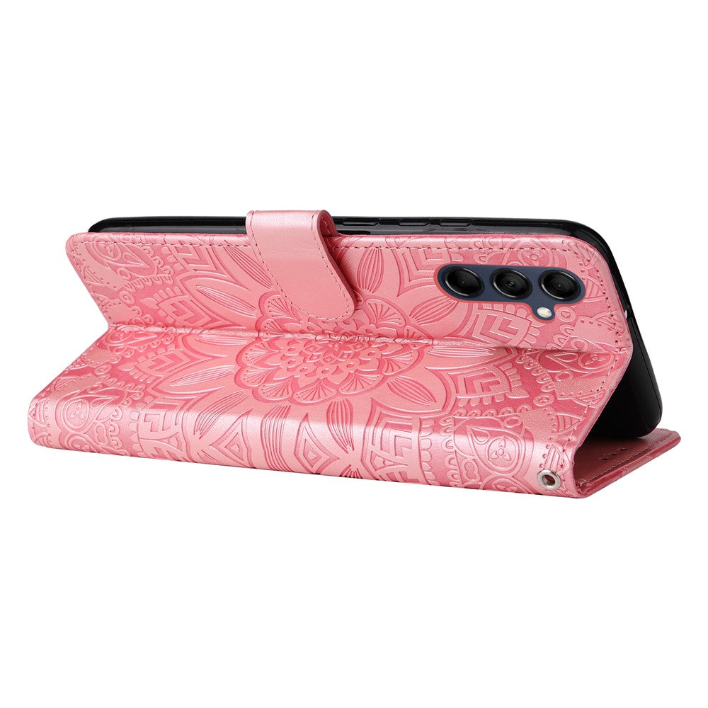 For Samsung Galaxy M14 5G Sunflower Imprinted Phone Wallet Case PU Leather Stand Cover with Strap - Pink