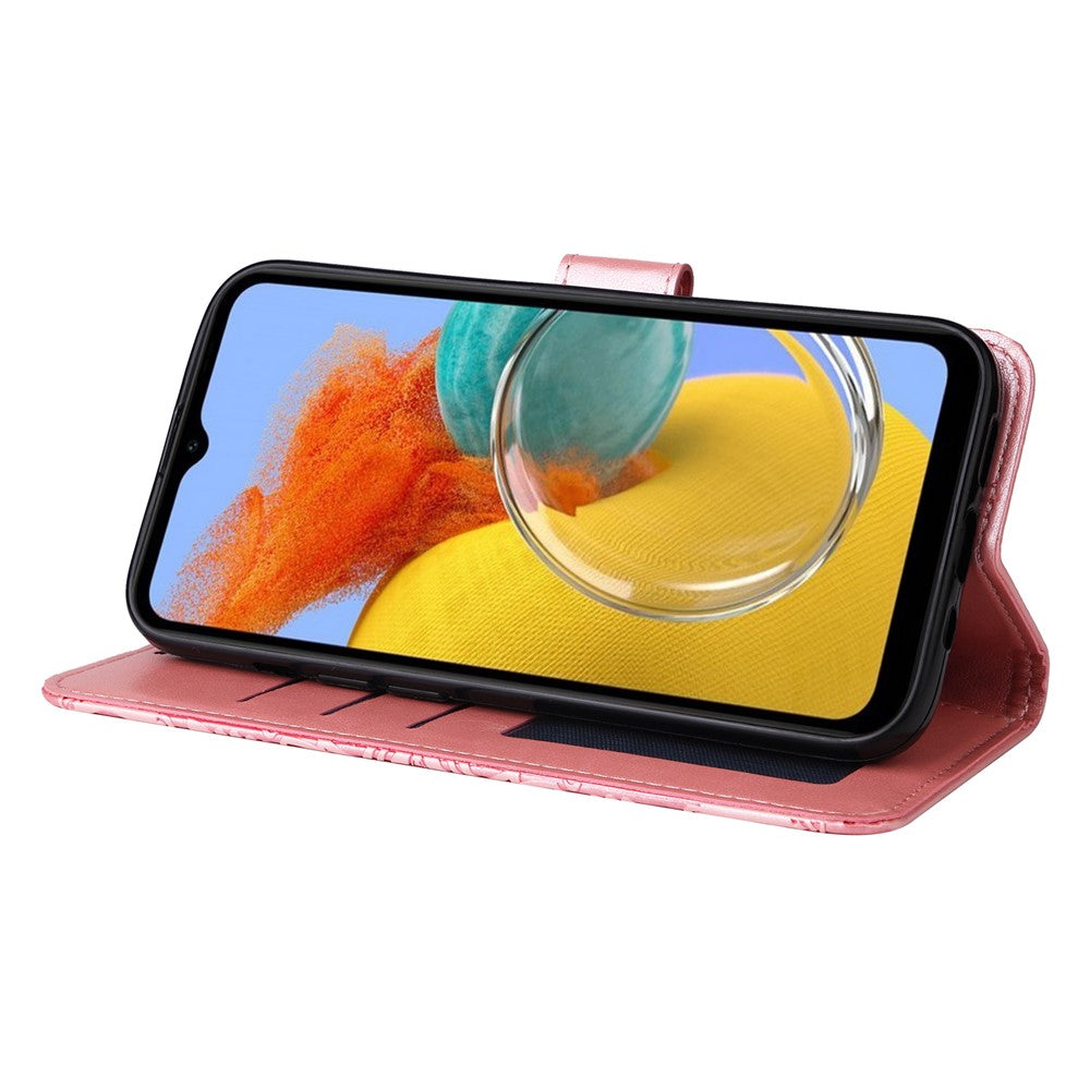 For Samsung Galaxy M14 5G Sunflower Imprinted Phone Wallet Case PU Leather Stand Cover with Strap - Pink