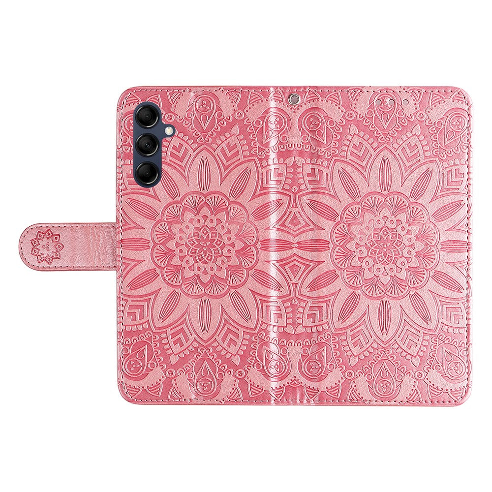 For Samsung Galaxy M14 5G Sunflower Imprinted Phone Wallet Case PU Leather Stand Cover with Strap - Pink