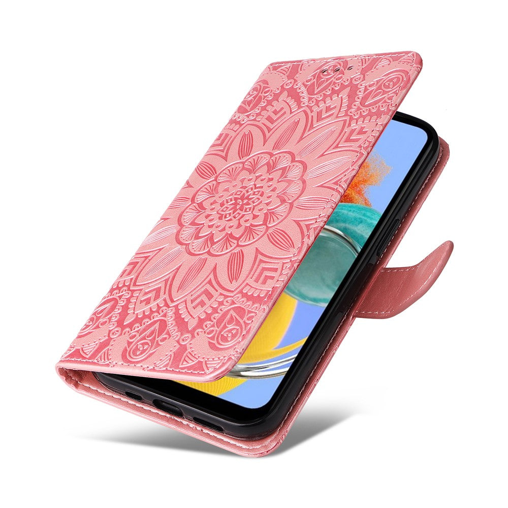 For Samsung Galaxy M14 5G Sunflower Imprinted Phone Wallet Case PU Leather Stand Cover with Strap - Pink