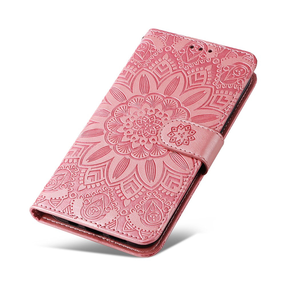 For Samsung Galaxy M14 5G Sunflower Imprinted Phone Wallet Case PU Leather Stand Cover with Strap - Pink
