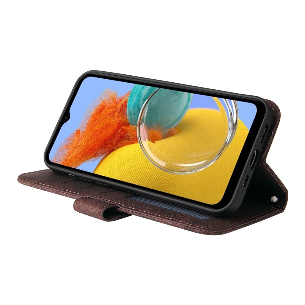For Samsung Galaxy M14 5G Leather Wallet Cases Skin Touch Phone Cover Stand with Strap - Brown