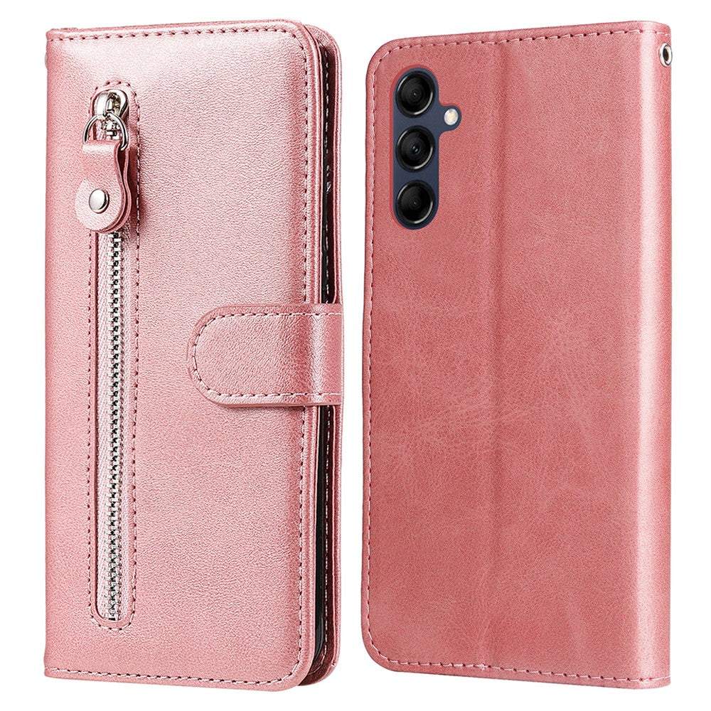 For Samsung Galaxy M14 5G PU Leather Case Zipper Pocket Calf Texture Stand Wallet Phone Cover - Pink