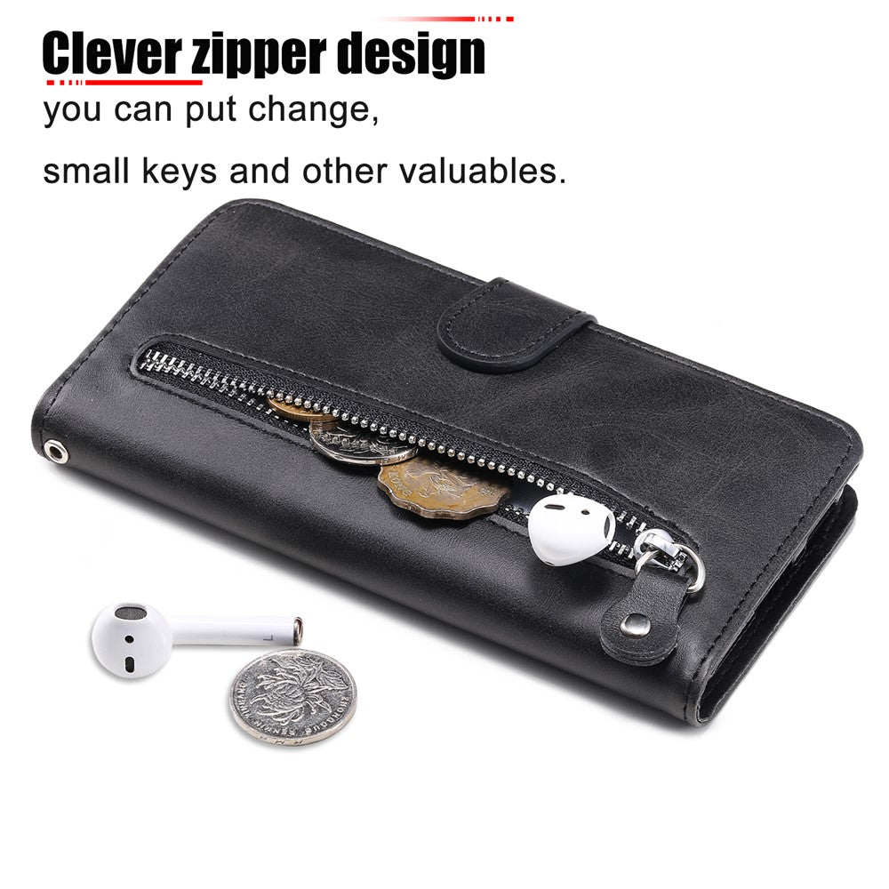 For Samsung Galaxy M14 5G PU Leather Case Zipper Pocket Calf Texture Stand Wallet Phone Cover - Black