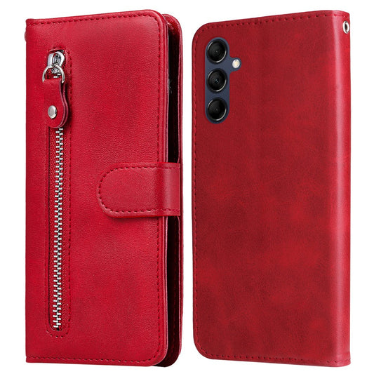 For Samsung Galaxy M14 5G PU Leather Case Zipper Pocket Calf Texture Stand Wallet Phone Cover - Red