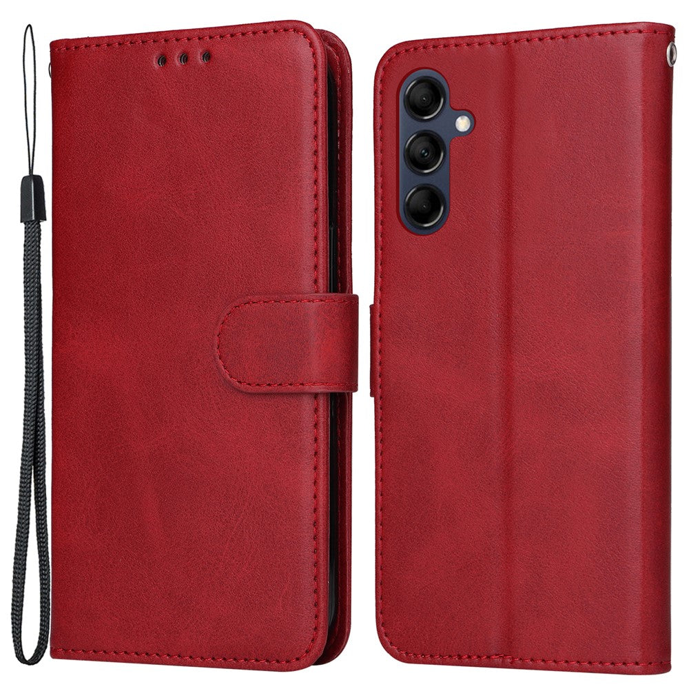 For Samsung Galaxy M14 5G Anti-Dust Phone Shell Calf Texture Stand Phone Case Leather Phone Cover with Strap - Red