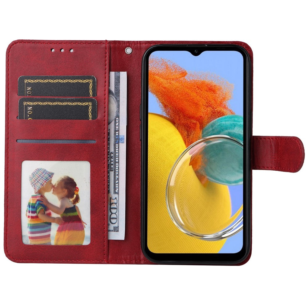 For Samsung Galaxy M14 5G Anti-Dust Phone Shell Calf Texture Stand Phone Case Leather Phone Cover with Strap - Red