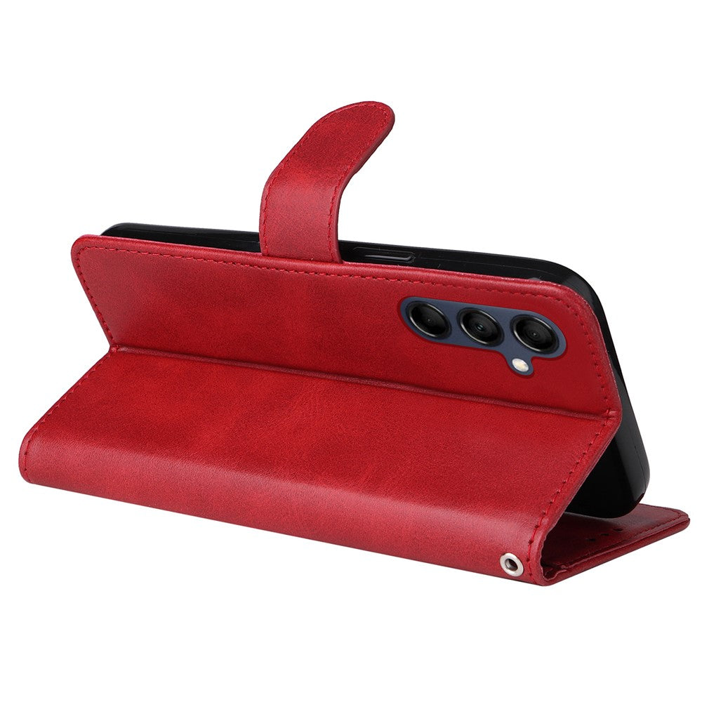 For Samsung Galaxy M14 5G Anti-Dust Phone Shell Calf Texture Stand Phone Case Leather Phone Cover with Strap - Red
