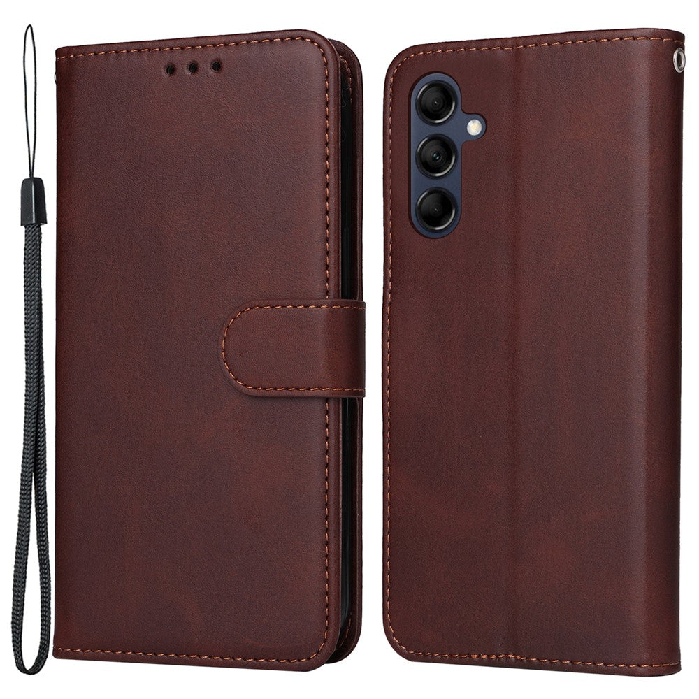 For Samsung Galaxy M14 5G Anti-Dust Phone Shell Calf Texture Stand Phone Case Leather Phone Cover with Strap - Brown