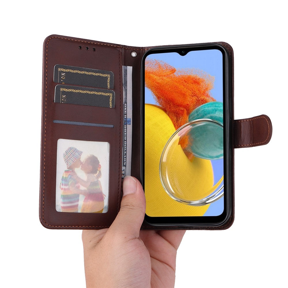 For Samsung Galaxy M14 5G Anti-Dust Phone Shell Calf Texture Stand Phone Case Leather Phone Cover with Strap - Brown