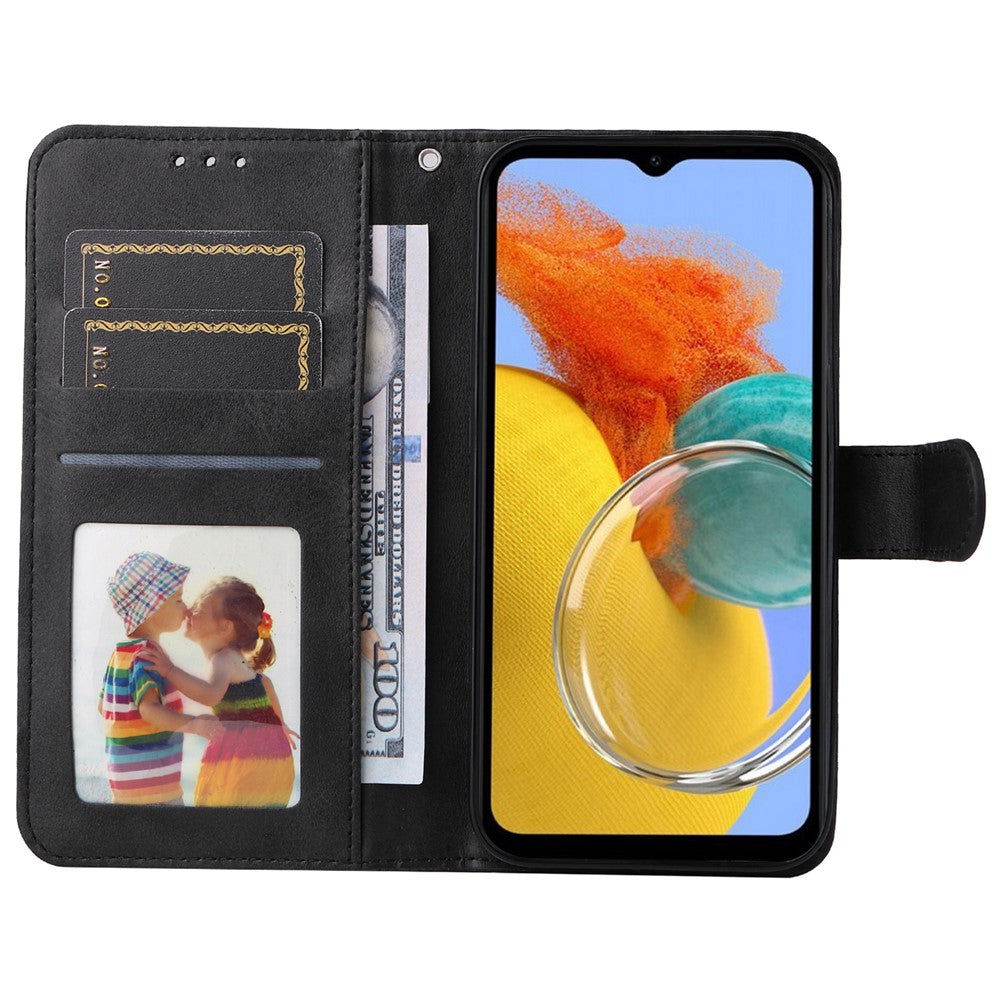 For Samsung Galaxy M14 5G Anti-Dust Phone Shell Calf Texture Stand Phone Case Leather Phone Cover with Strap - Black
