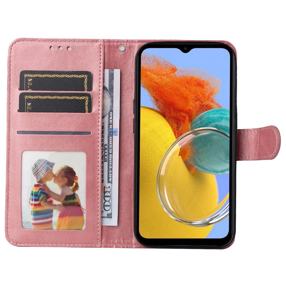 For Samsung Galaxy M14 5G Anti-Dust Phone Shell Calf Texture Stand Phone Case Leather Phone Cover with Strap - Rose Gold