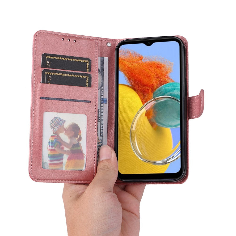 For Samsung Galaxy M14 5G Anti-Dust Phone Shell Calf Texture Stand Phone Case Leather Phone Cover with Strap - Rose Gold
