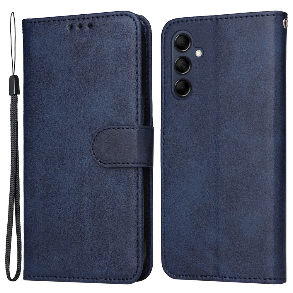 For Samsung Galaxy M14 5G Anti-Dust Phone Shell Calf Texture Stand Phone Case Leather Phone Cover with Strap - Blue