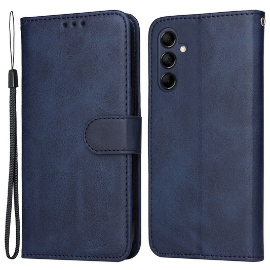 For Samsung Galaxy M14 5G Anti-Dust Phone Shell Calf Texture Stand Phone Case Leather Phone Cover with Strap - Blue