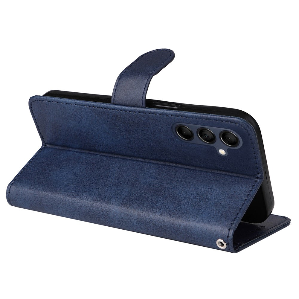 For Samsung Galaxy M14 5G Anti-Dust Phone Shell Calf Texture Stand Phone Case Leather Phone Cover with Strap - Blue
