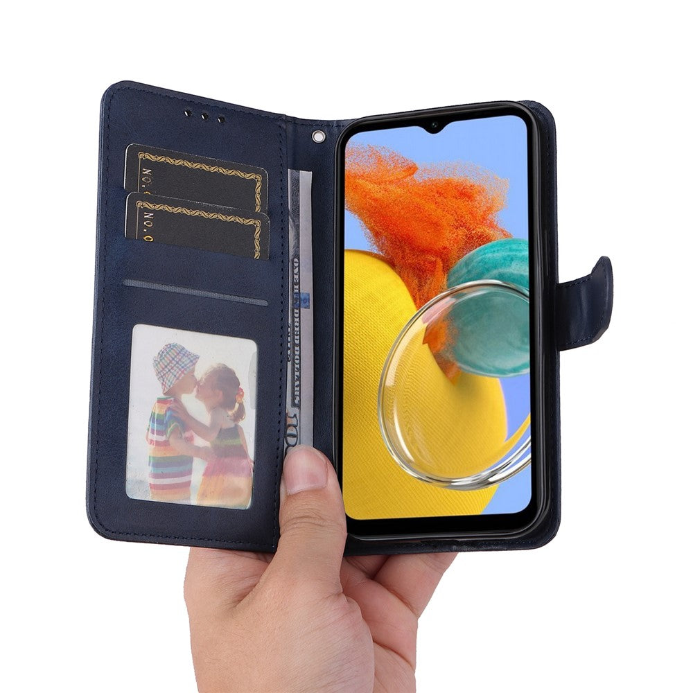 For Samsung Galaxy M14 5G Anti-Dust Phone Shell Calf Texture Stand Phone Case Leather Phone Cover with Strap - Blue