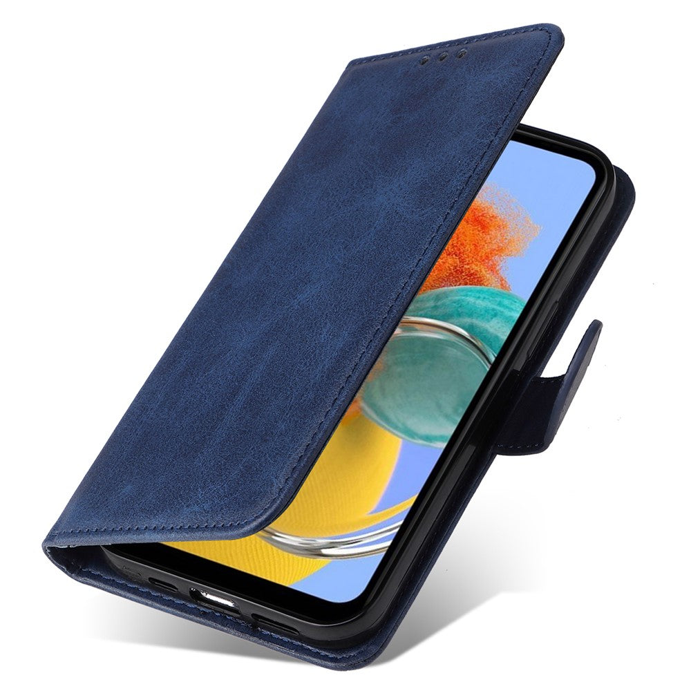 For Samsung Galaxy M14 5G Anti-Dust Phone Shell Calf Texture Stand Phone Case Leather Phone Cover with Strap - Blue