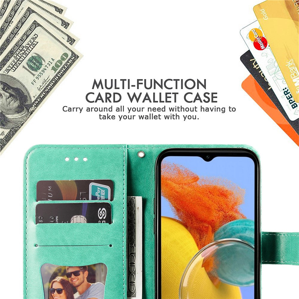 For Samsung Galaxy M14 5G Case Floral Pattern PU Leather Wallet Stand Phone Cover - Green