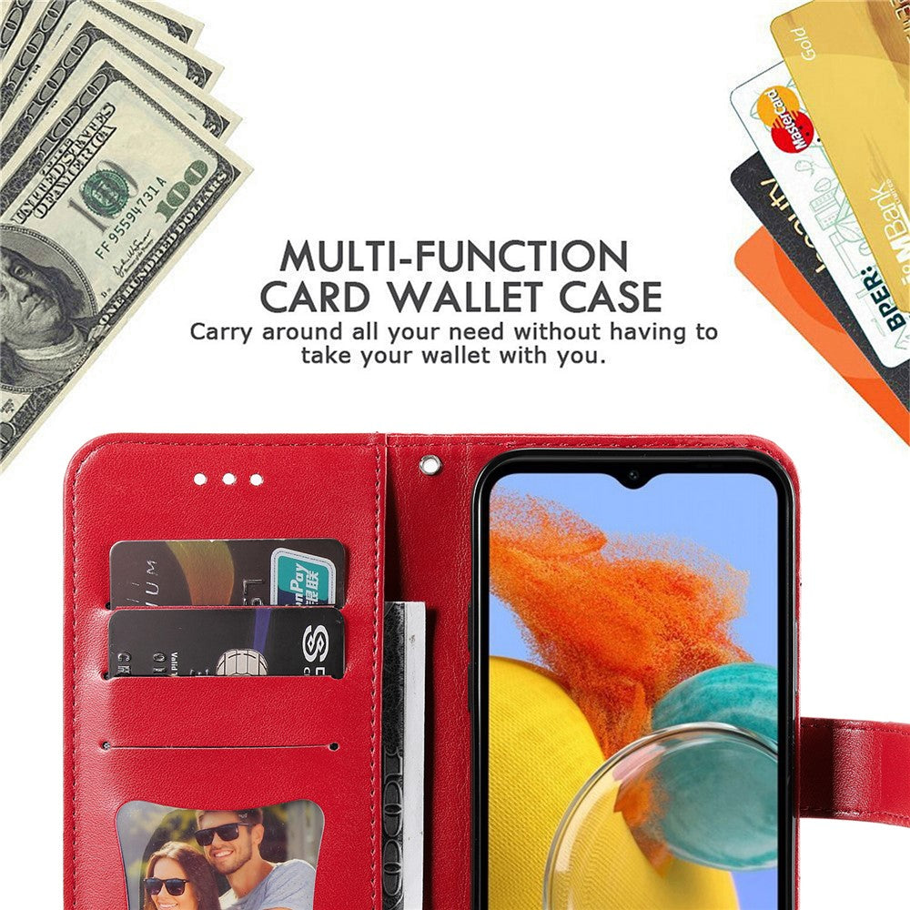For Samsung Galaxy M14 5G Case Floral Pattern PU Leather Wallet Stand Phone Cover - Red