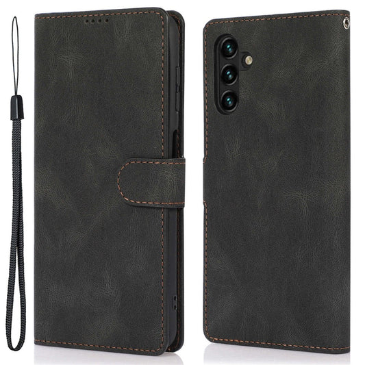 For Samsung Galaxy M14 5G Protective PU Leather Stand Phone Case Wallet Flip Cover with Strap - Black