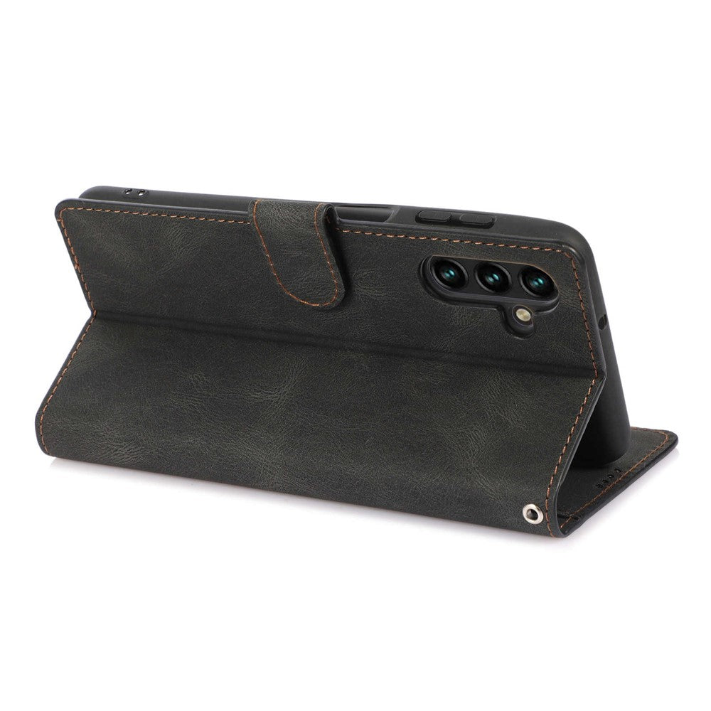 For Samsung Galaxy M14 5G Protective PU Leather Stand Phone Case Wallet Flip Cover with Strap - Black