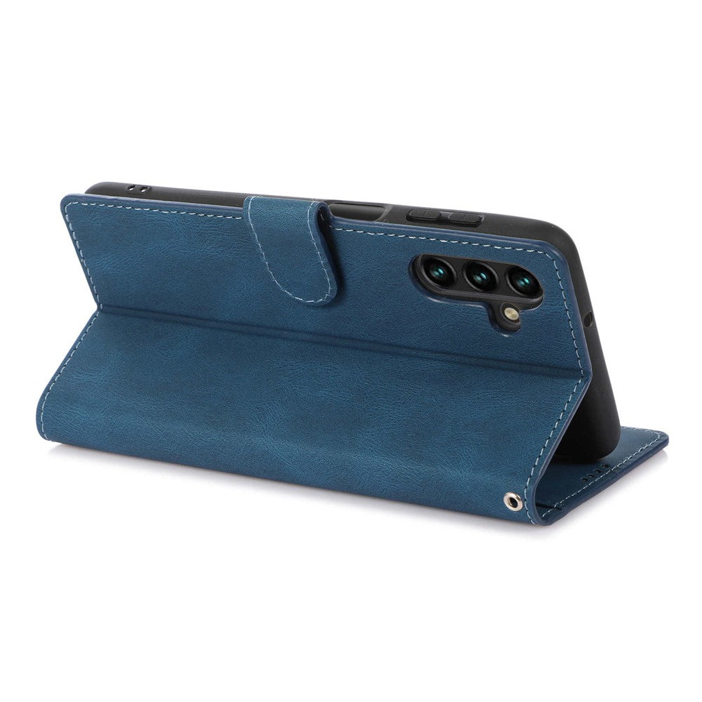 For Samsung Galaxy M14 5G Protective PU Leather Stand Phone Case Wallet Flip Cover with Strap - Blue