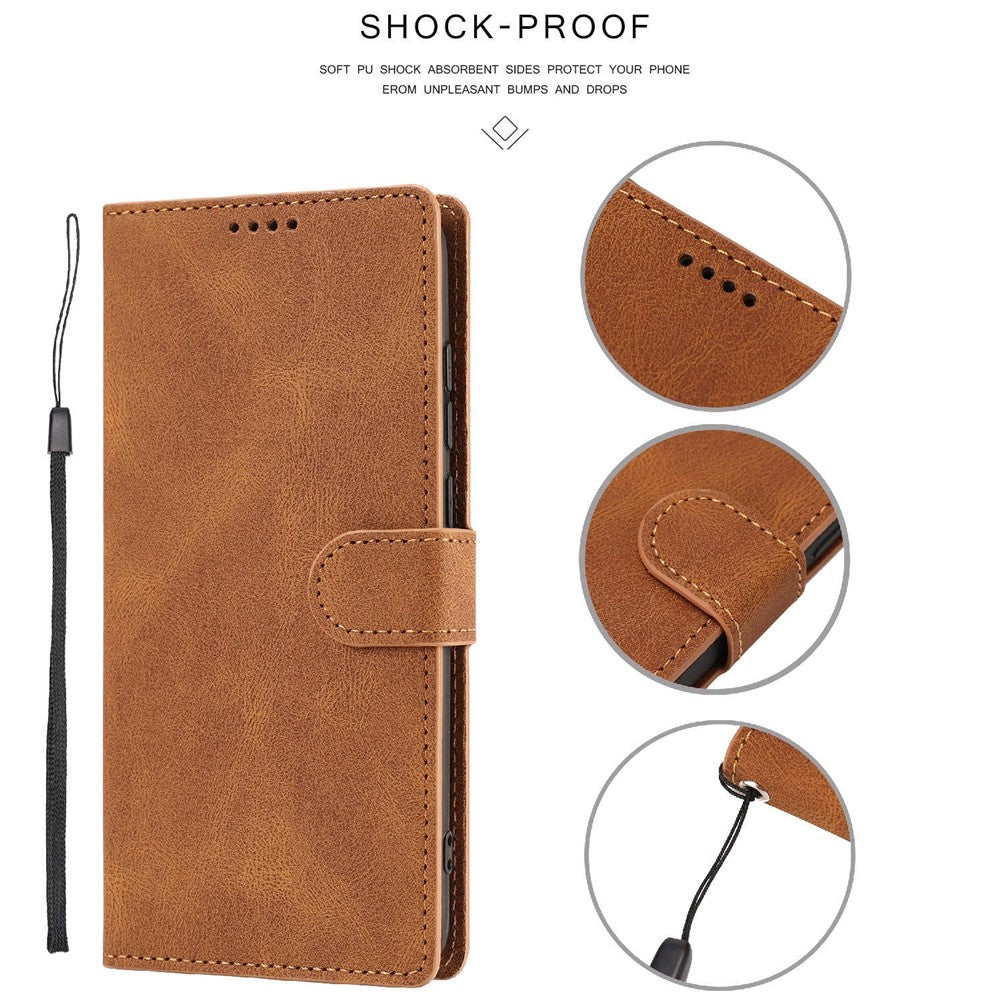 For Samsung Galaxy M14 5G Protective PU Leather Stand Phone Case Wallet Flip Cover with Strap - Brown