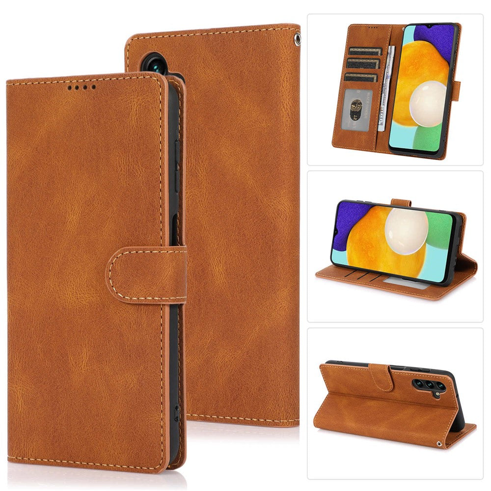 For Samsung Galaxy M14 5G Protective PU Leather Stand Phone Case Wallet Flip Cover with Strap - Brown
