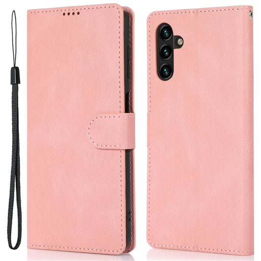 For Samsung Galaxy M14 5G Protective PU Leather Stand Phone Case Wallet Flip Cover with Strap - Pink