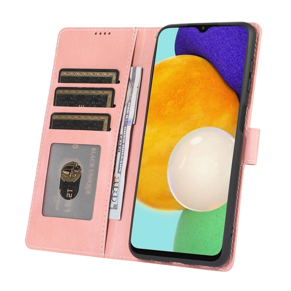 For Samsung Galaxy M14 5G Protective PU Leather Stand Phone Case Wallet Flip Cover with Strap - Pink