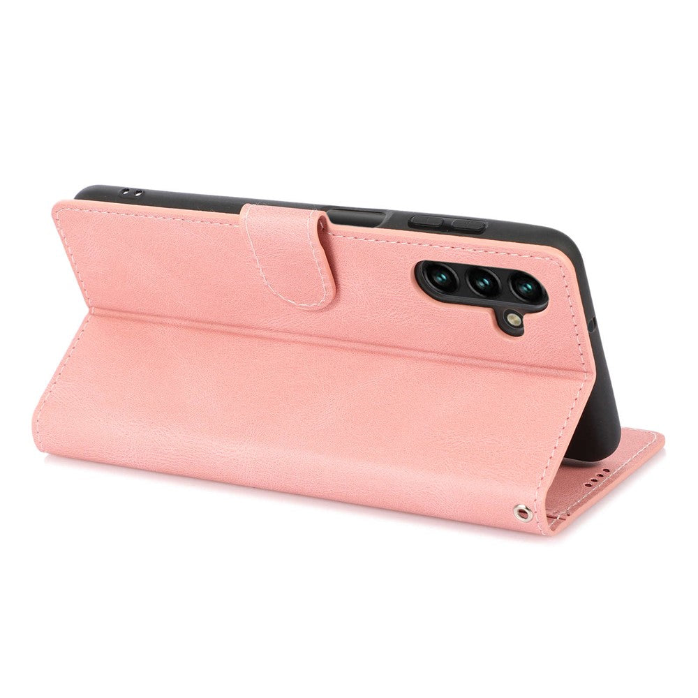 For Samsung Galaxy M14 5G Protective PU Leather Stand Phone Case Wallet Flip Cover with Strap - Pink