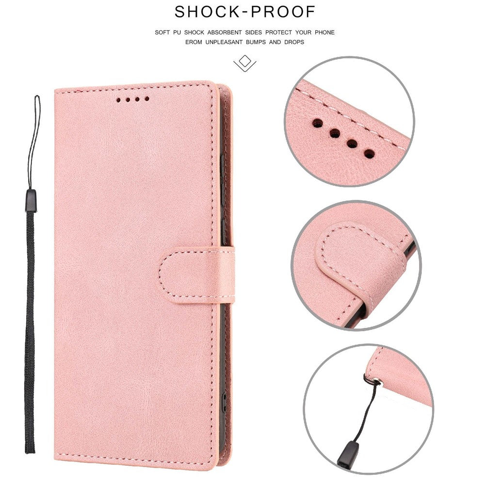 For Samsung Galaxy M14 5G Protective PU Leather Stand Phone Case Wallet Flip Cover with Strap - Pink