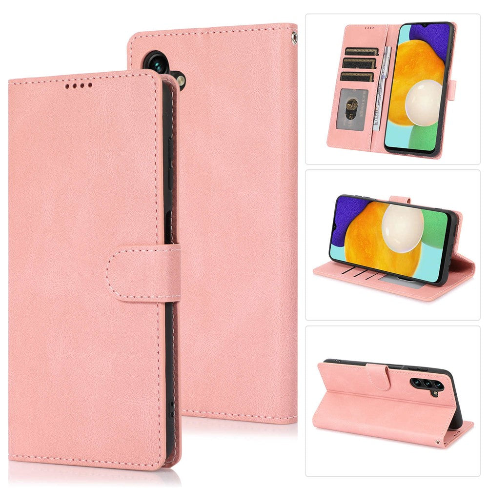 For Samsung Galaxy M14 5G Protective PU Leather Stand Phone Case Wallet Flip Cover with Strap - Pink