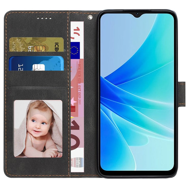 PU Leather Case for Oppo A57 4G / A77 4G / A57s 4G / A57e 4G / A77s 4G / OnePlus Nord N20 SE 4G , Wallet Stand Flip Phone Cover - Black