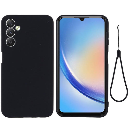 For Samsung Galaxy M14 5G Liquid Silicone Phone Case Soft Lining Shockproof Protective Cover with Strap - Black