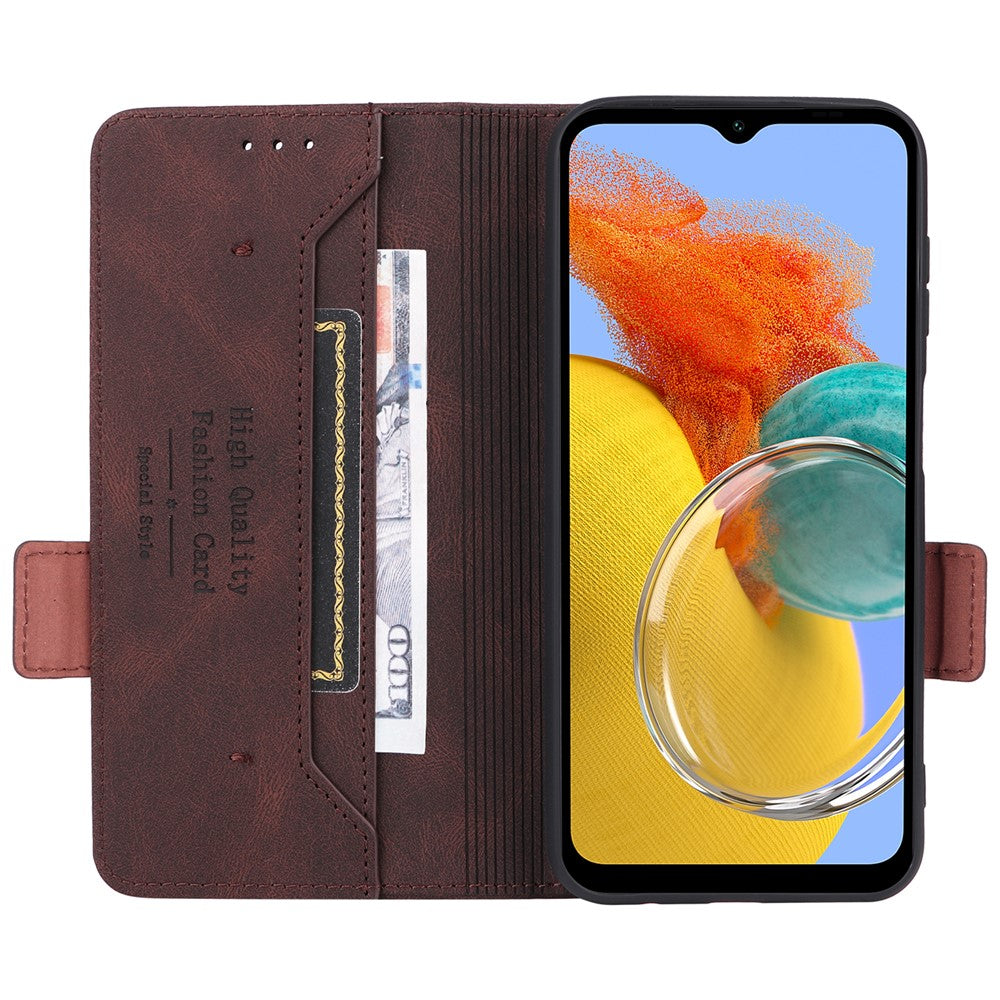 For Samsung Galaxy M14 5G Leather Wallet Phone Case Hardware Decor Flip Stand Cover - Coffee