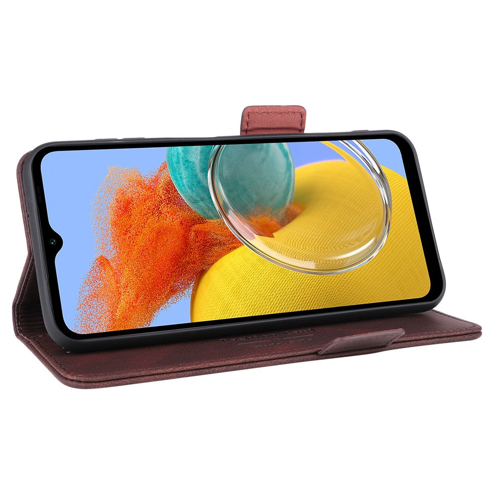 For Samsung Galaxy M14 5G Leather Wallet Phone Case Hardware Decor Flip Stand Cover - Coffee