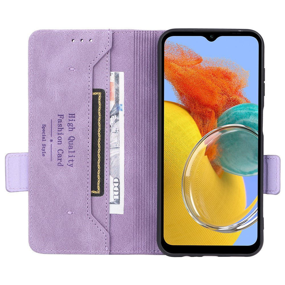 For Samsung Galaxy M14 5G Leather Wallet Phone Case Hardware Decor Flip Stand Cover - Purple