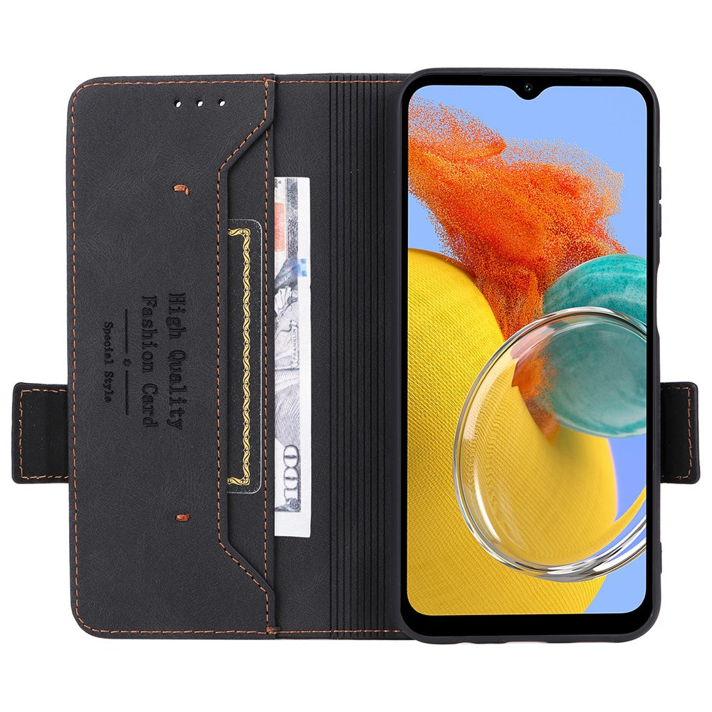For Samsung Galaxy M14 5G Leather Wallet Phone Case Hardware Decor Flip Stand Cover - Black