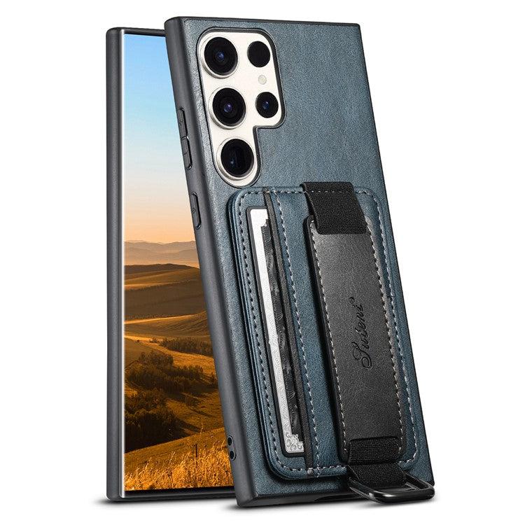 SUTENI H13 For Samsung Galaxy S22 Ultra 5G Card Holder Case Kickstand Leather Coated PC+TPU Phone Cover with Hand Strap - Blue