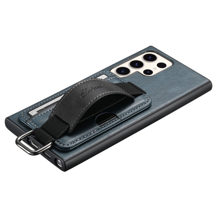 SUTENI H13 For Samsung Galaxy S22 Ultra 5G Card Holder Case Kickstand Leather Coated PC+TPU Phone Cover with Hand Strap - Blue